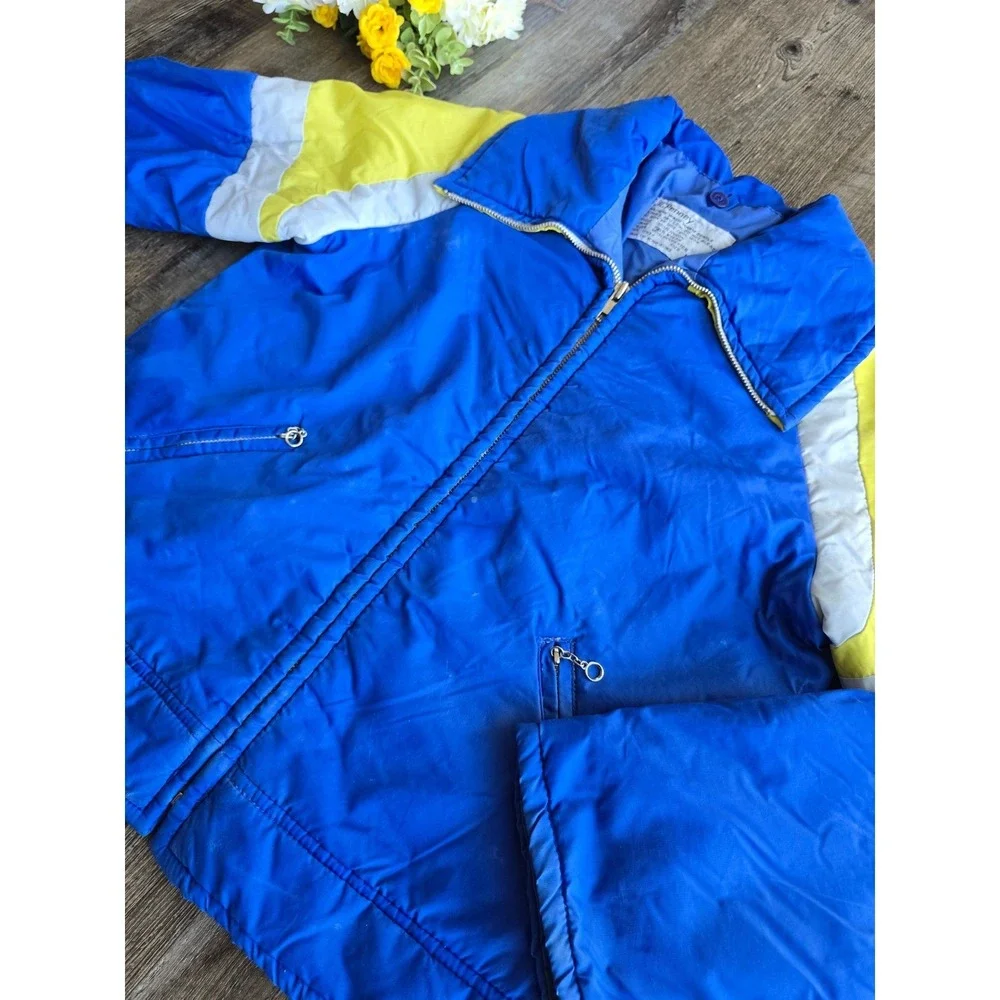 Vintage 70s‎ JCPenney Puffer Jacket Kids Size 10 Blue Yellow Colorblock Coat